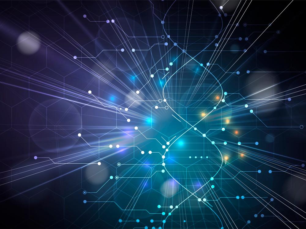 Abstract DNA and data science lines appear in blue.