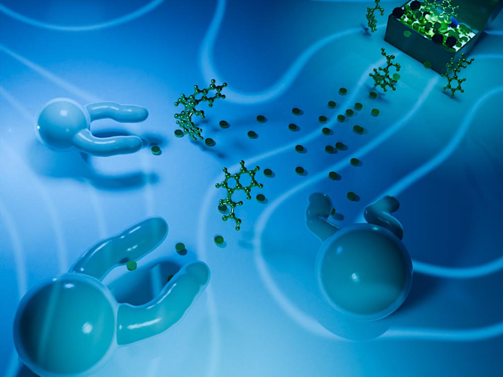 Illustration showing oil droplets reaching out arms toward treasure chest with amino acids diffusing toward the droplets