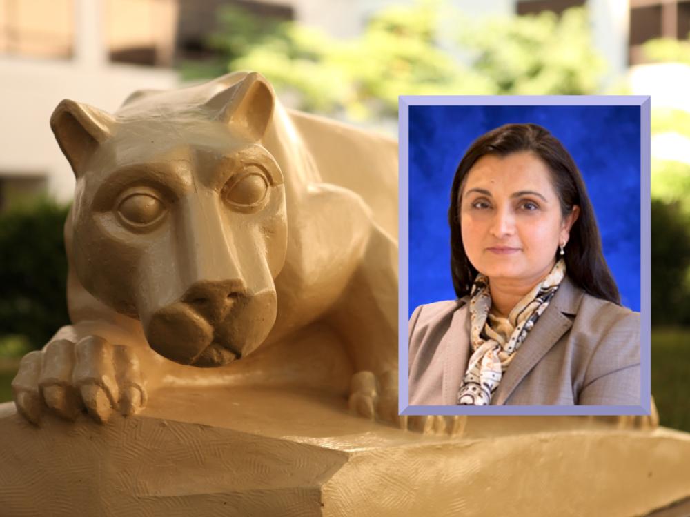 A professional headshot of Mumtaz Darbar is placed over an image of a Penn State Nittany Lion statue.