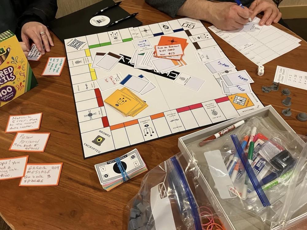 Photo of tabletop game arranged on a table with two players' hands in the background