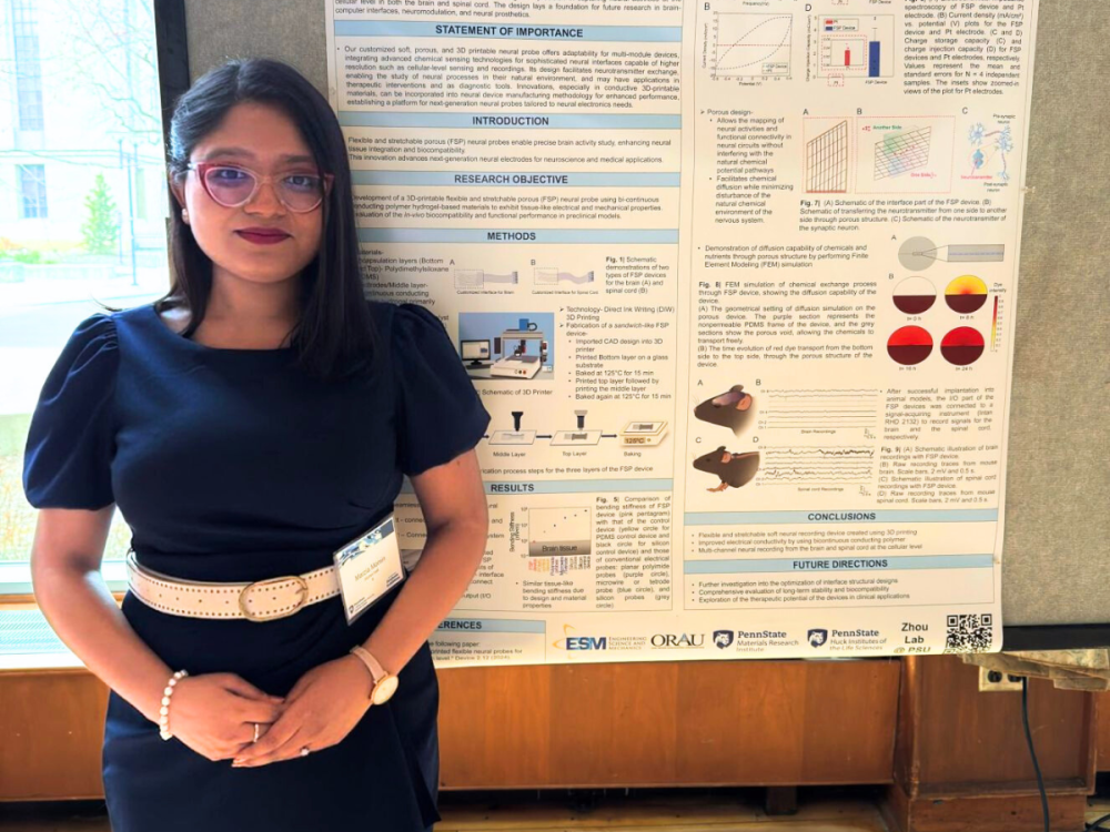 Marzia Momin stands in front of a poster that explains her technology