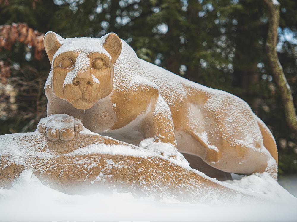 The Nittany Lion Shrine with a light dusting of snow on top.
