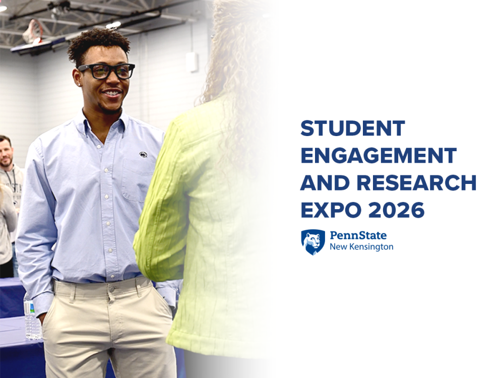 A student researcher talking to a faculty member. Superimposed onto the image are the words "Student Engagement and Research Expo 2026," followed by the Penn State New Kensington logo.