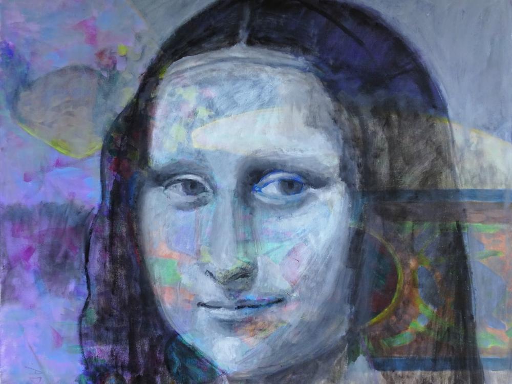 A reimagined painting of the Mona Lisa, in shades of blue