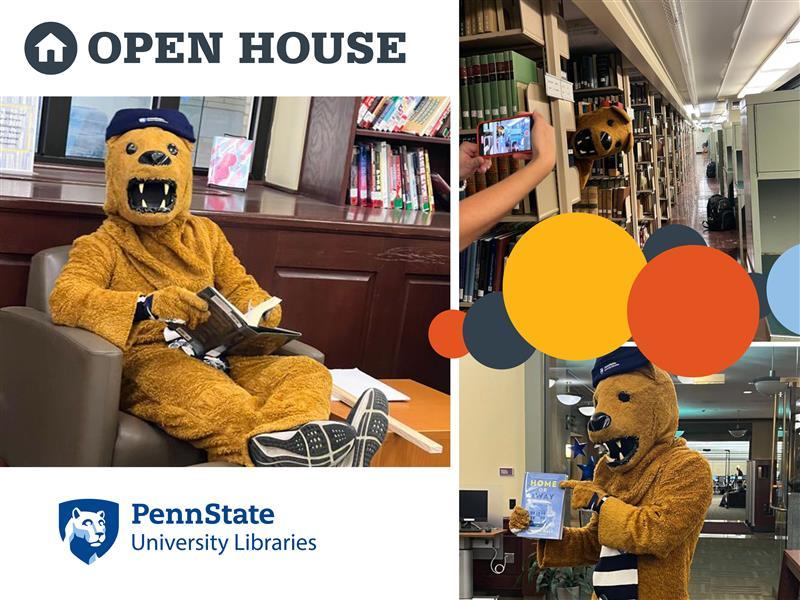 collage of images: Nittany Lion mascot sitting in chair and reading a book, and "helping" at Open House event