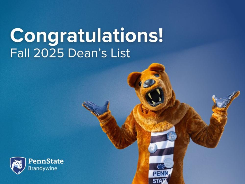 "Congratulations! Fall 2025 Dean's List" on a blue background with a Nittany Lion and the Penn State Brandywine logo