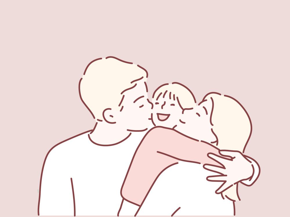 line drawing of a happy family. The child has their arms around the mom's neck, and the dad is kissing the daughter on the cheek.