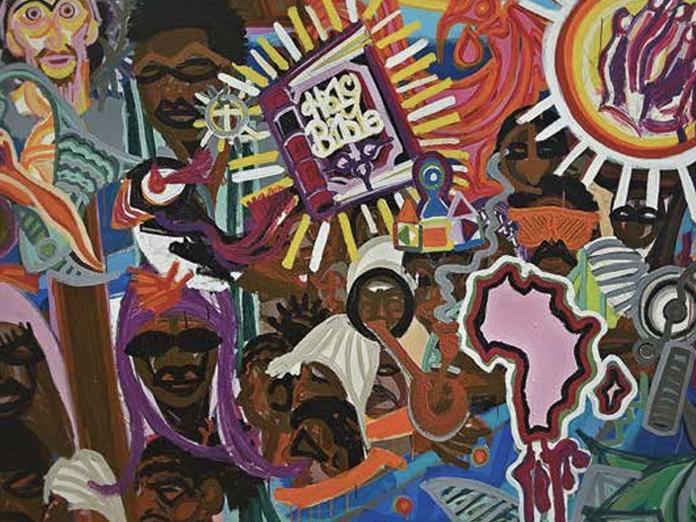Vibrant abstract painting that depicts faces of black people along with the Bible and an outline of the continent of Africa 