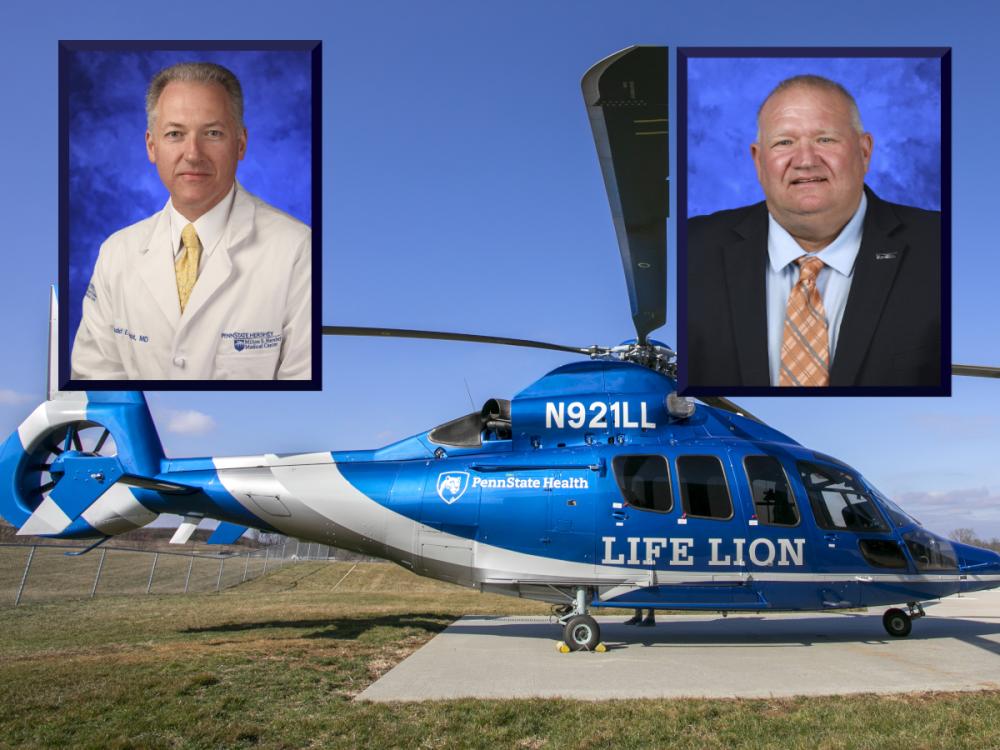 Professional headshots of Dr. Chadd Nesbit and Keith McMinn are superimposed over a photo of a Penn State Health Life Lion helicopter.