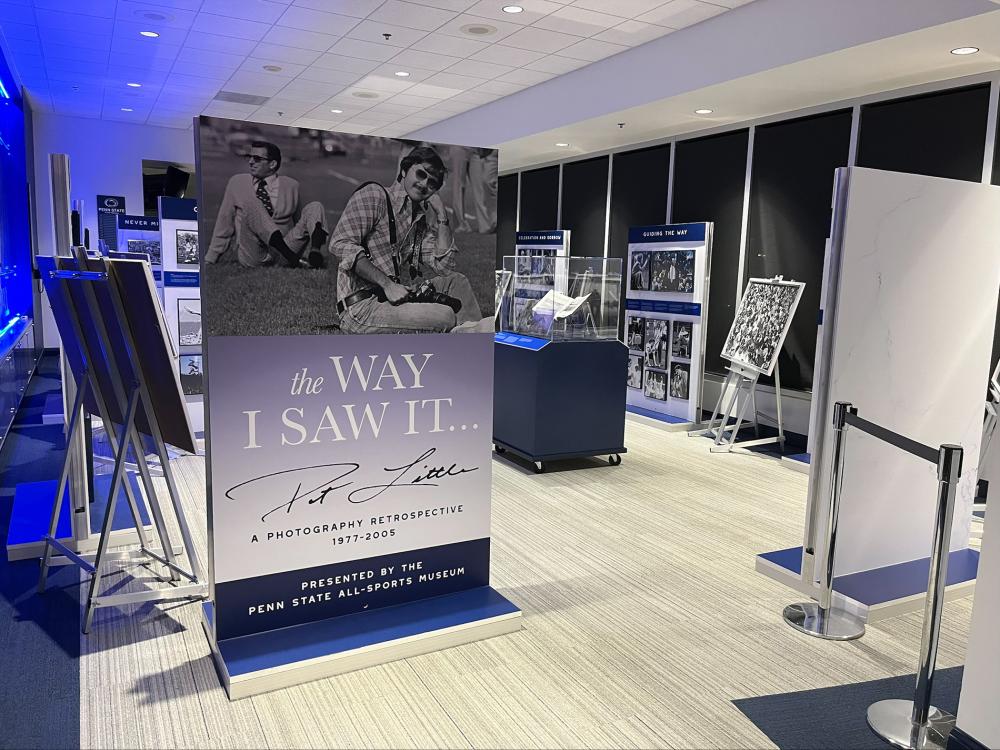 A view of the exhibit at the sports museum with photographs on display