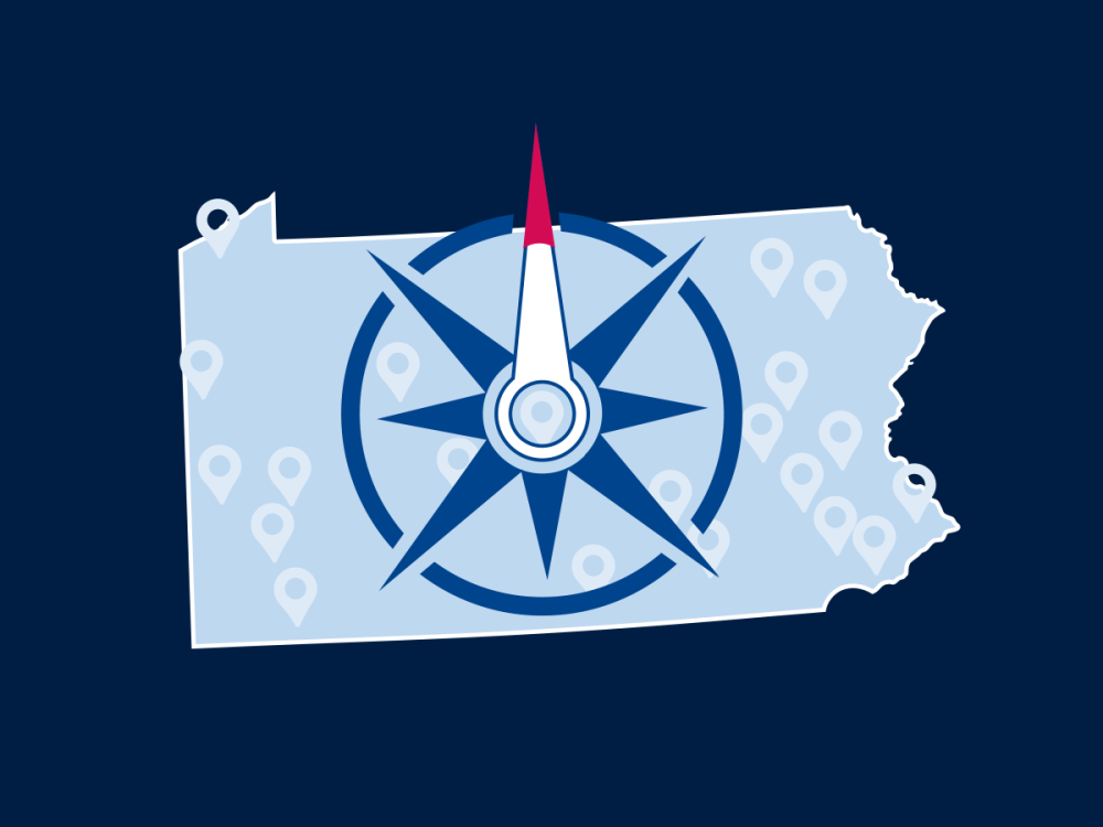 Illustration featuring outline of Pennsylvania, campus location markers, and compass