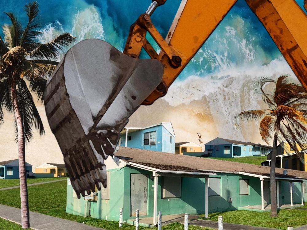 Image for the film Razing Liberty Square, which shows a bulldozer demolishing a residential building in a tropical area.