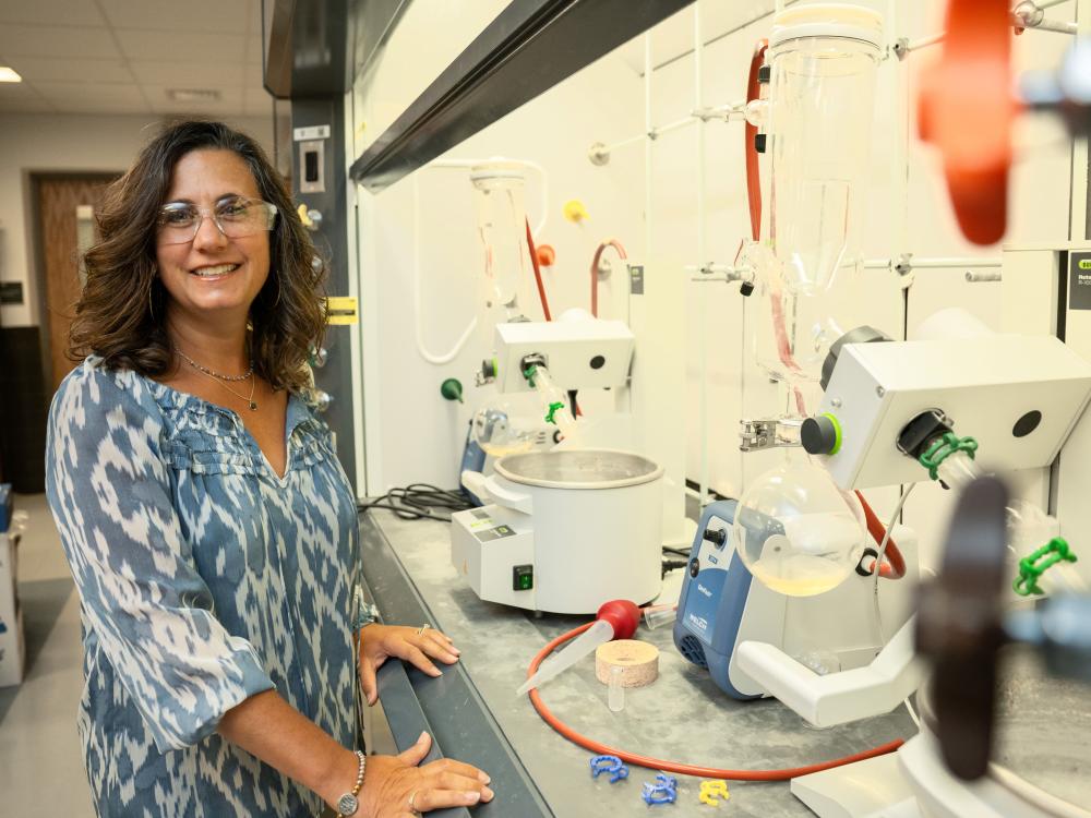 Tracy Halmi, an associated teaching professor of chemistry, stands near equipment in a Penn State Behrend chemistry lab.