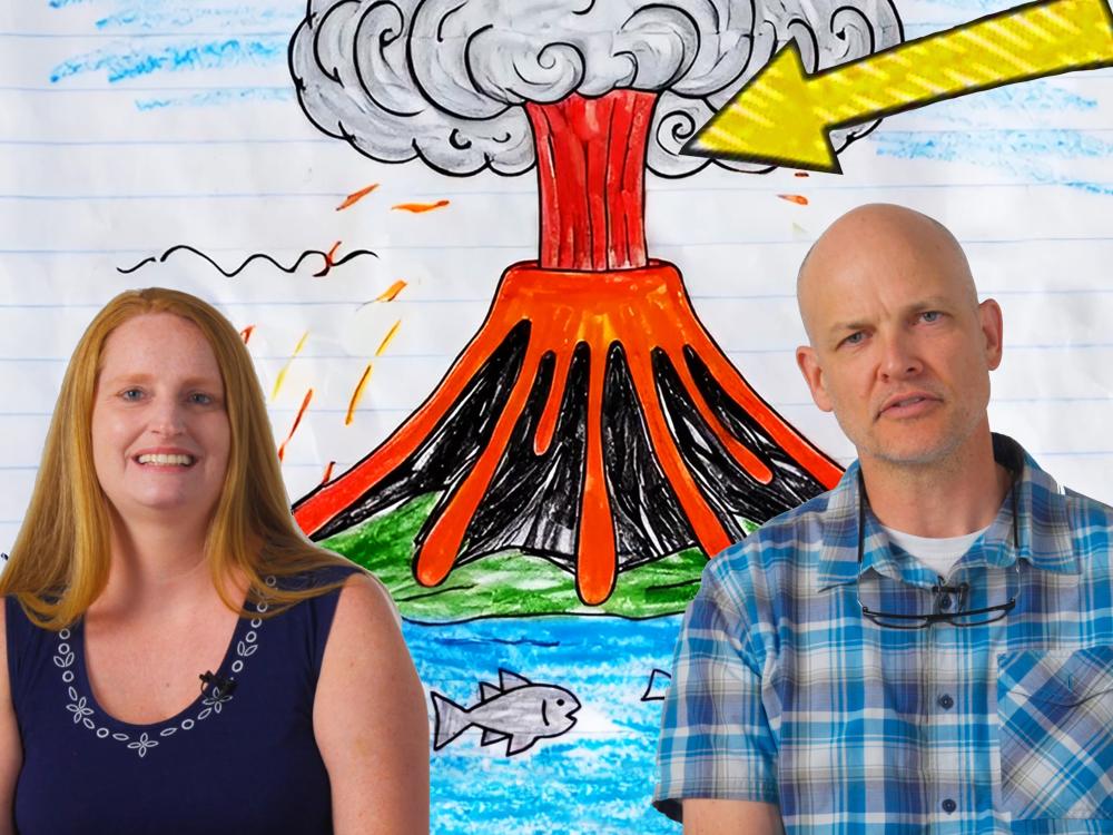 Two individuals in front of a cartoon drawing of a volcano