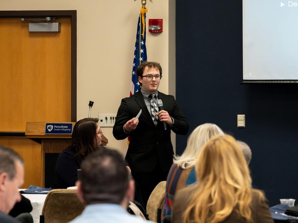 Joshua Siegel speaking to an audience of faculty, staff, and students at Penn State Greater Allegheny’s Internship Showcase.