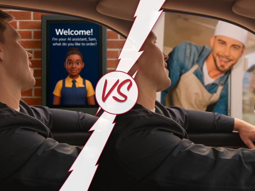 Person at drive-thru ordering with AI and person at drive-thru ordering with a human employee. The word "vs." is in between each ordering scenario.
