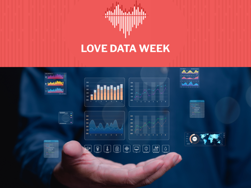 graphic with line drawing of heart and words Love Data Week and photo illustration of translucent graphs and charts floating above an adult hand 