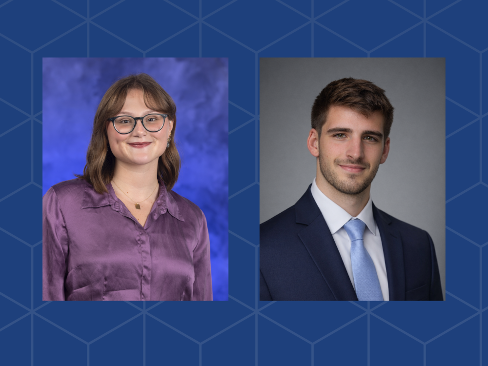 Two people wearing professional clothing in headshot-style photos.