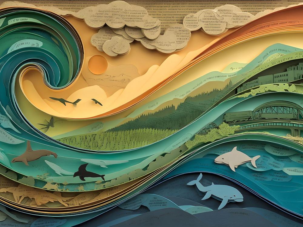 Graphic image of an ocean wave at sunset with fish swimming below the surface