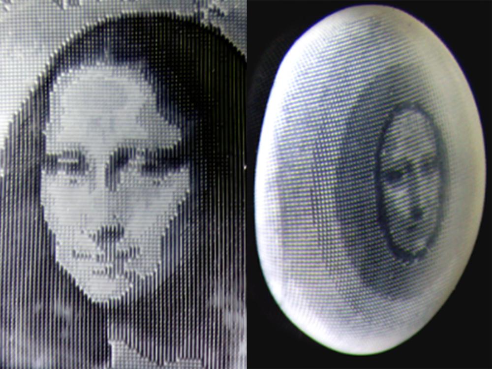 (left) A photo of the Mona Lisa encoded into the team's smart skin, (right) the image presented on the smart skin adjusting as the material changes shape.