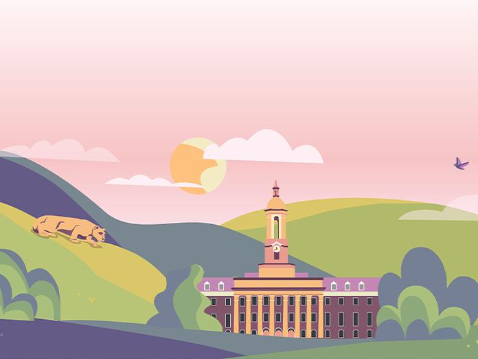 A graphic image with soft pastel colors depicting a sunset with Penn State's old main building and lion shrine