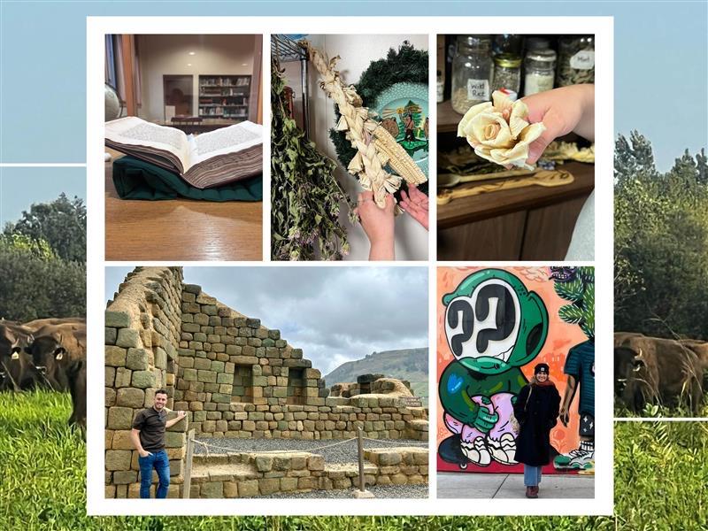 collage of six images showing young adult researchers at research sites or artifacts/animals connected to their research