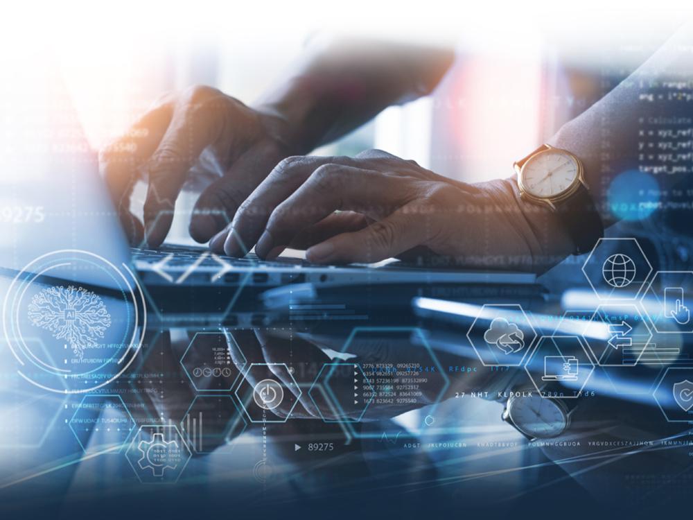 Hands type at a keyboard, other technology images are overlaid