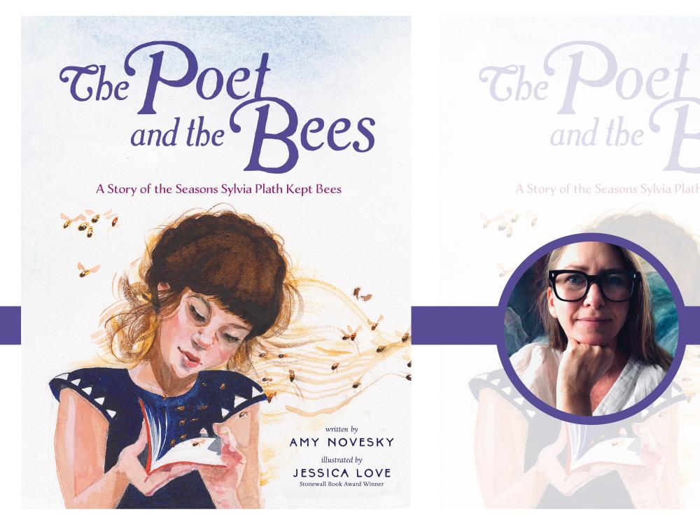 cover art for The Poet and the Bees book, and image of author, a smiling woman wearing black eyeglasses and a white shirt