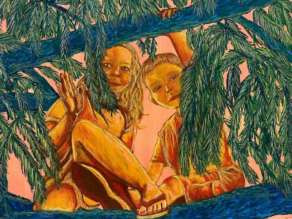 Painting of two children sitting in a tree, framed by green branches, looking down with warm tones and expressive brushwork against a soft pink sky.