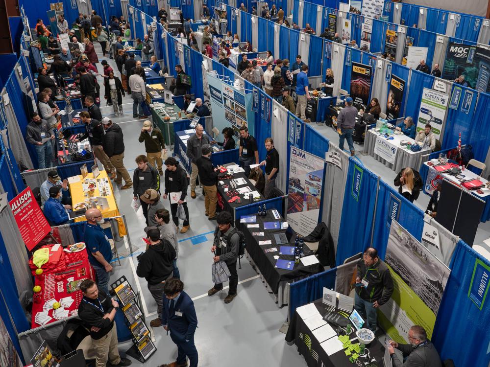 A overhead view of a busy career fair