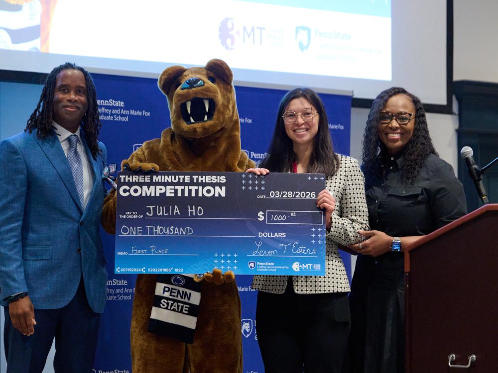 Fox Graduate School deans pose with Penn State 2025-26 Three Minute Thesis competition winner