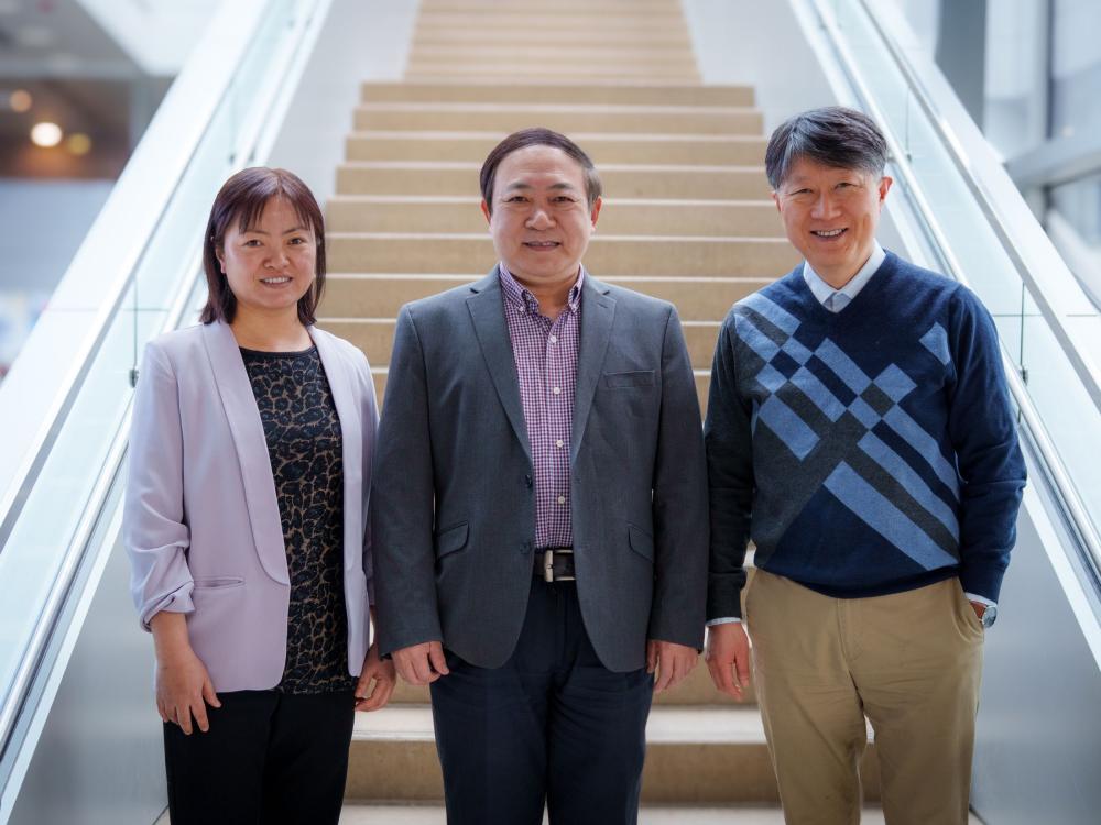 three people wearing business casual stand at the foot of a staircase
