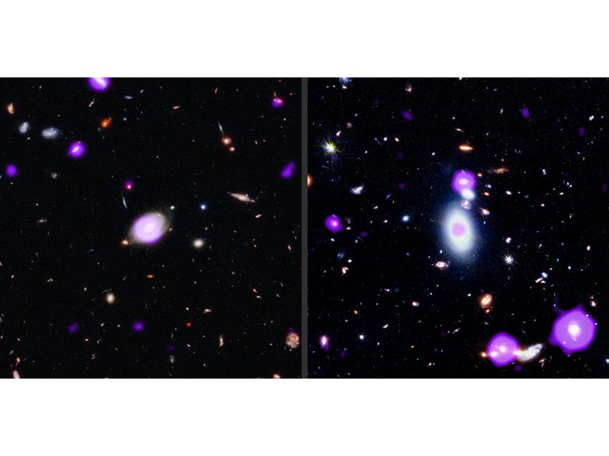 Telescope images of galaxies in optical and X-ray (purple) wavelenghts