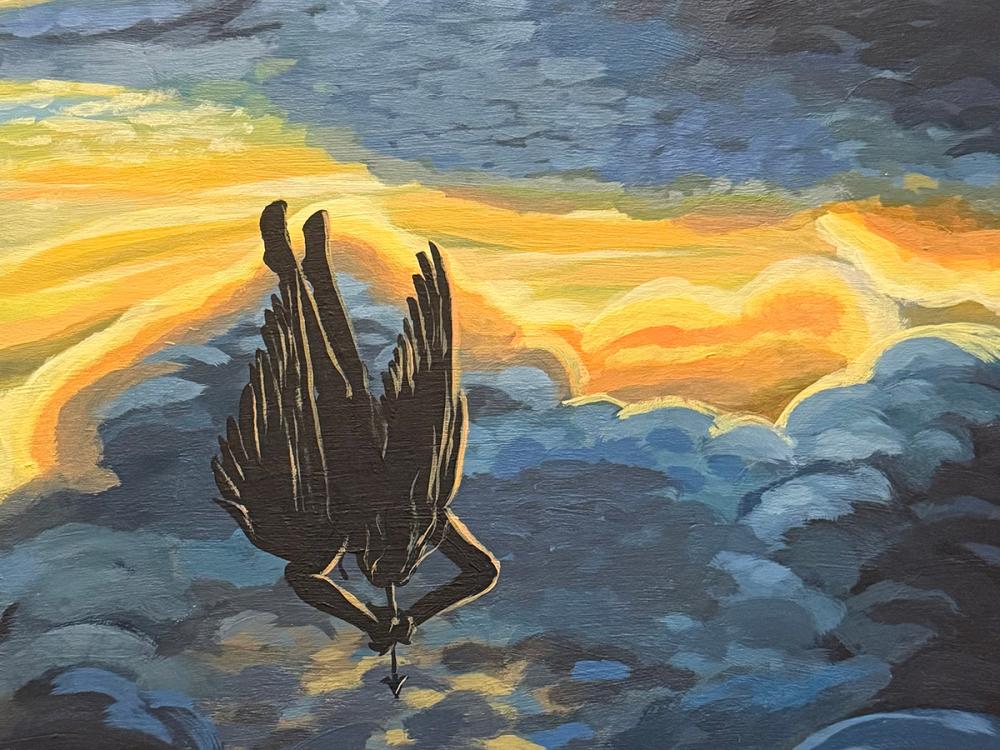 Painting of a winged figure descending through clouds at sunset, silhouetted against glowing yellow and blue sky, evoking motion and dramatic tension.
