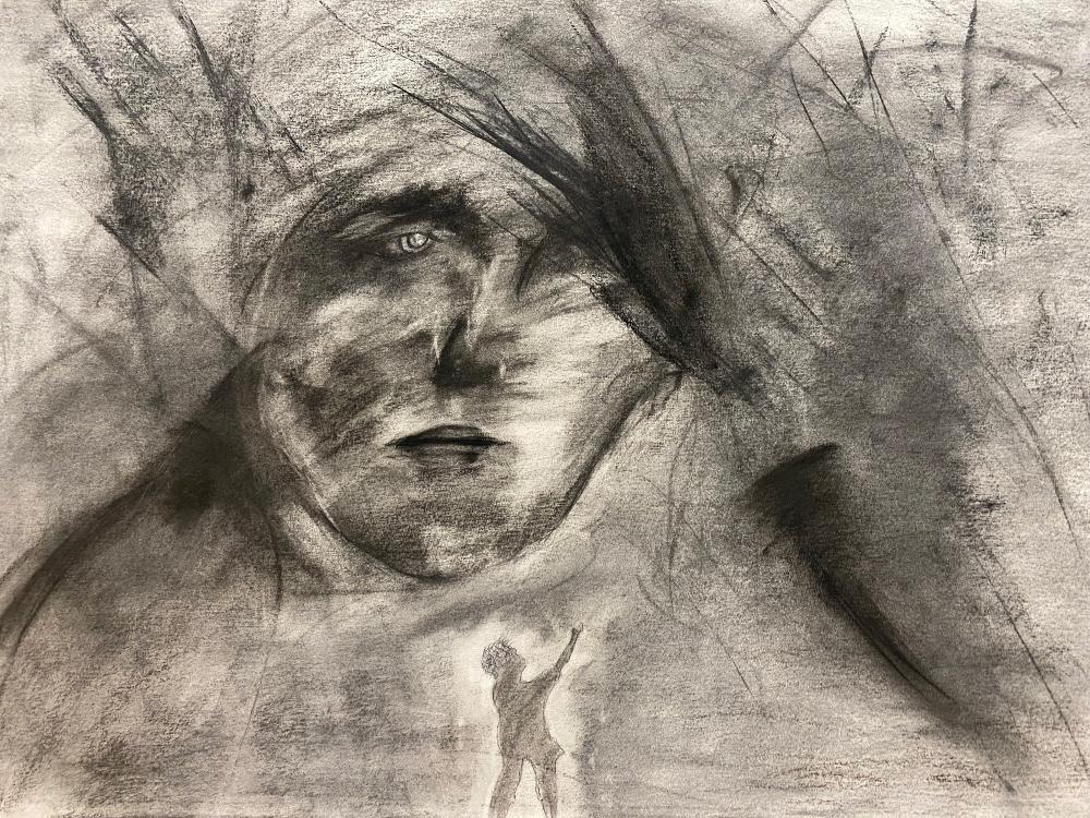 Charcoal drawing of a shadowed face with raised arms, above a small figure reaching upward, suggesting inner struggle and emotional tension.