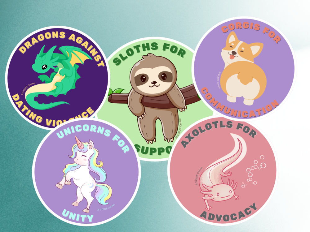 Five round stickers portraying cute animals to promote advocacy for 