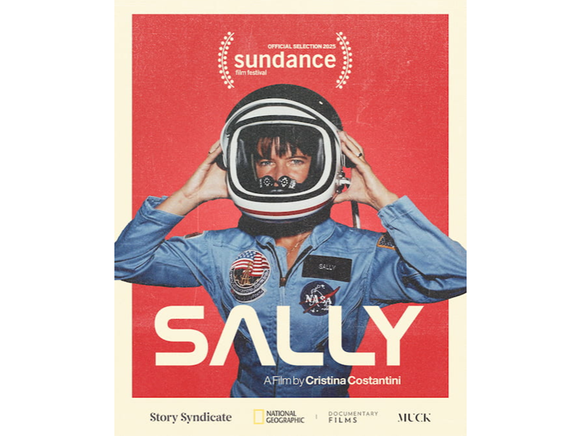 Poster for the film Sally featuring Sally Ride wearing a NASA helmet and blue astronaut uniform on a red background.