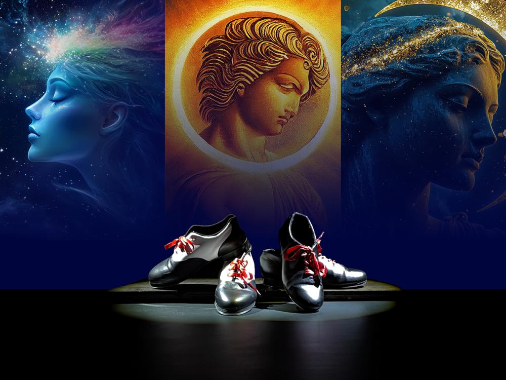 Pair of black tap shoes with red laces sit on a stage, set against three luminous, artistic portraits of serene faces in cosmic and classical styles.