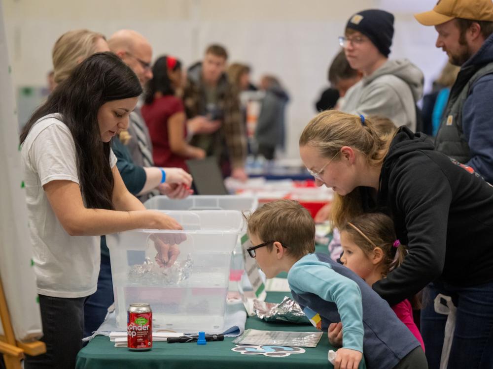 Children look into a clear tote filled with water at an activity table at Penn State Behrend's STEAM Fair.