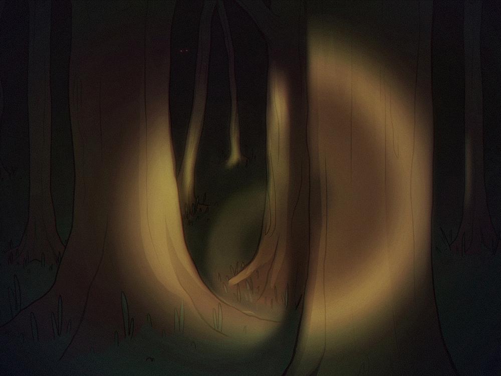 A moody, atmospheric illustration depicts a dimly lit forest, with soft beams of light filtering between tree trunks and casting warm, glowing highlights.