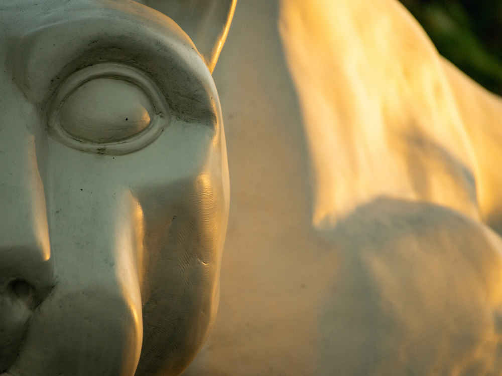 A close-up shot of the Nittany Lion Shrine at Penn State New Kensington