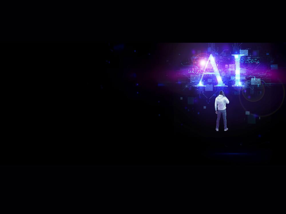 Illustration of a man looking at the words AI with network-like symbols around it