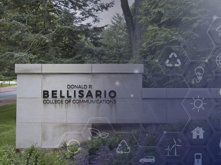 Bellisario College sign with a collage of sustainability-related icons overlaying the photograph.