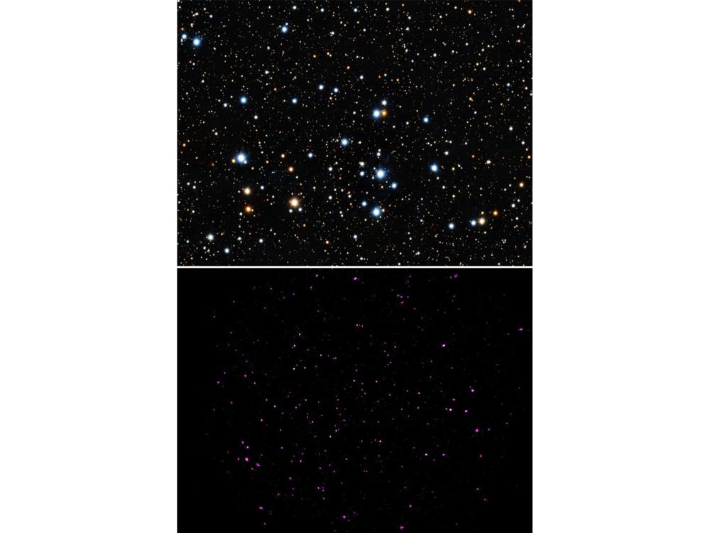 Image of outerspace with stars and galaxies above image of same area of night sky showing only x-ray emissions as purple light from stars