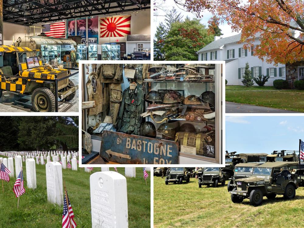 Collage of WWII exhibits in Gettysburg, PA, including vehicles, artifacts, homes, cemetery headstones, and displays.