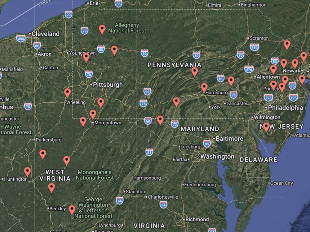 A map of Pennsylvania, West Virginia and New Jersey showing locations of teachers with red arrows