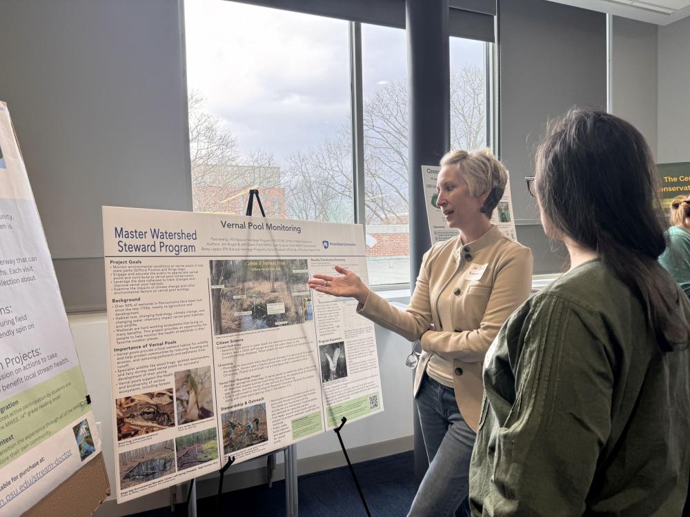 Two people looking at a poster