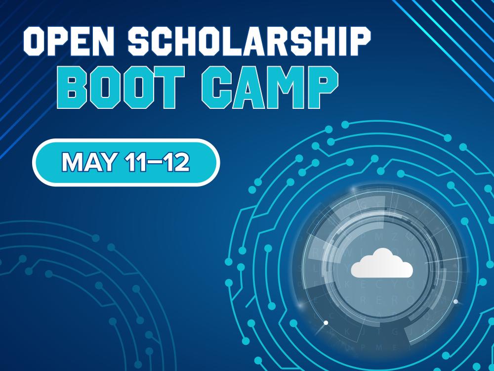 technology-feel graphic with cloud icon and words open scholarship bootcamp May 11-12