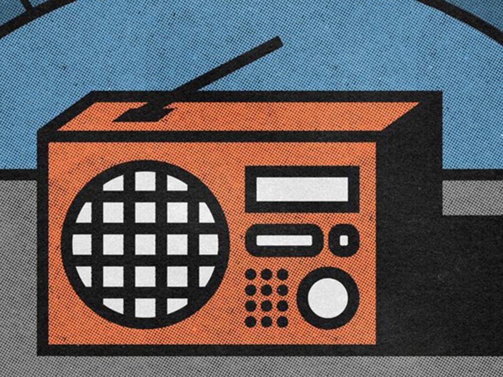 Graphic image of a brown console radio