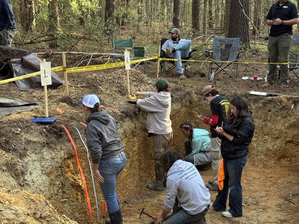 Group of people in a pit, examining soil